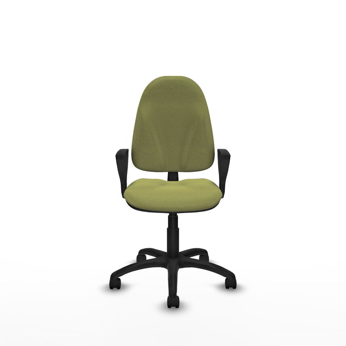 Chaise de bureau Algarra avec mécanisme de contact permanent de base, rembourrée de tissu vert olive. Équipée d'une base en polyamide noir, d'accoudoirs fixes et de roulettes en nylon de 50 mm.