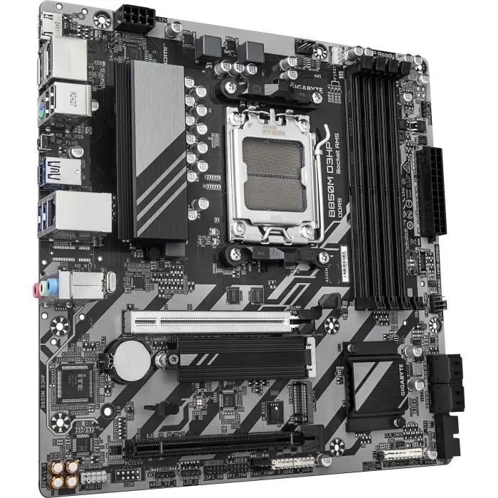 Gigabyte Carte mère B850M D3HP Socket AM5 pour AMD Ryzen 7000/8000/9000, 5+2+2 phases VRM, DDR5 8200MHz (OC), PCIe 5.0 M.2, USB 3.2 Gen 2, Gigabit LAN