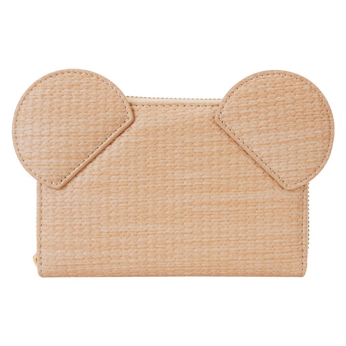 Loungefly Portefeuille Mickey Disney en simili cuir vegan avec fermeture éclair dorée, 4 fentes cartes et fenêtre DNI, motifs paille, 15x10 cm