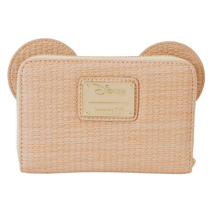 Loungefly Portefeuille Mickey Disney en simili cuir vegan avec fermeture éclair dorée, 4 fentes cartes et fenêtre DNI, motifs paille, 15x10 cm