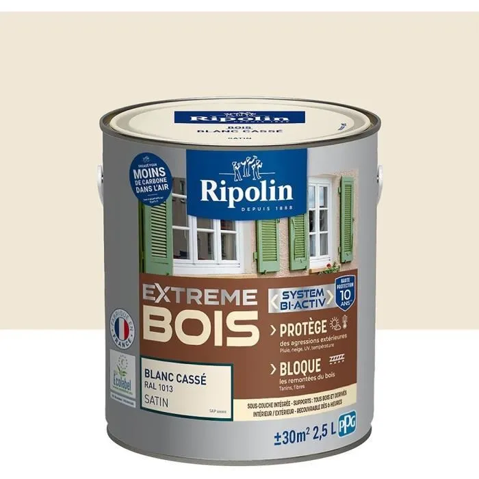 Ripolin - Peinture Extreme Bois 2,5 L - Blanc cassé RAL 1013 satin - Très couvrante, durable et stable Ripolin - Peinture Extreme Bois 2,5 L - Blanc cassé RAL 1013 satin - Très couvrante, durable et stable