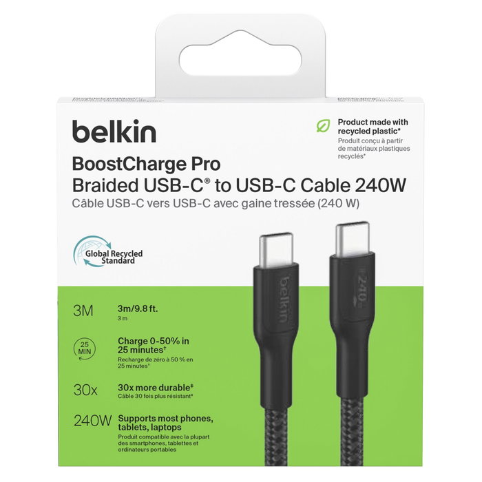 Belkin Câble USB-C vers USB-C BoostCharge Pro Tressé 240W 3m Noir Belkin Câble USB-C vers USB-C BoostCharge Pro Tressé 240W 3m Noir