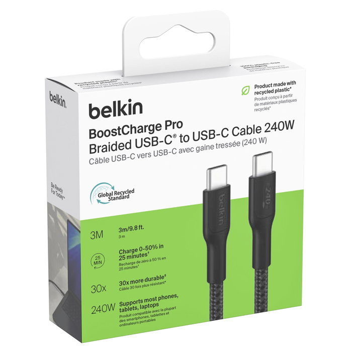Belkin Câble USB-C vers USB-C BoostCharge Pro Tressé 240W 3m Noir Belkin Câble USB-C vers USB-C BoostCharge Pro Tressé 240W 3m Noir