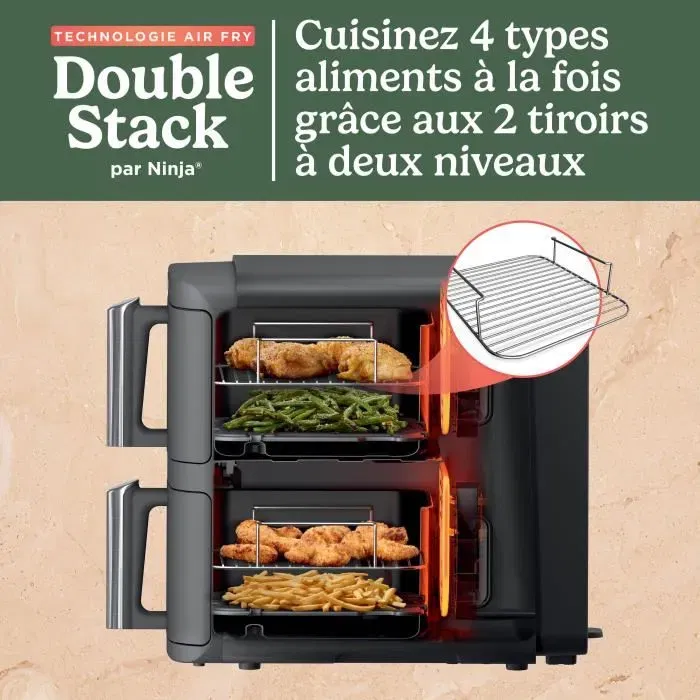 Ninja AF400EU Friteuse sans huile Double Stack XL, 2 tiroirs indépendants 9.5L, 6 programmes (Air Fry, Max Crisp), 2470W, cuisson synchronisée