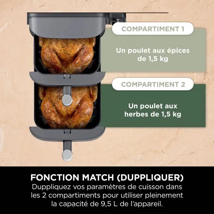 Ninja AF400EU Friteuse sans huile Double Stack XL, 2 tiroirs indépendants 9.5L, 6 programmes (Air Fry, Max Crisp), 2470W, cuisson synchronisée