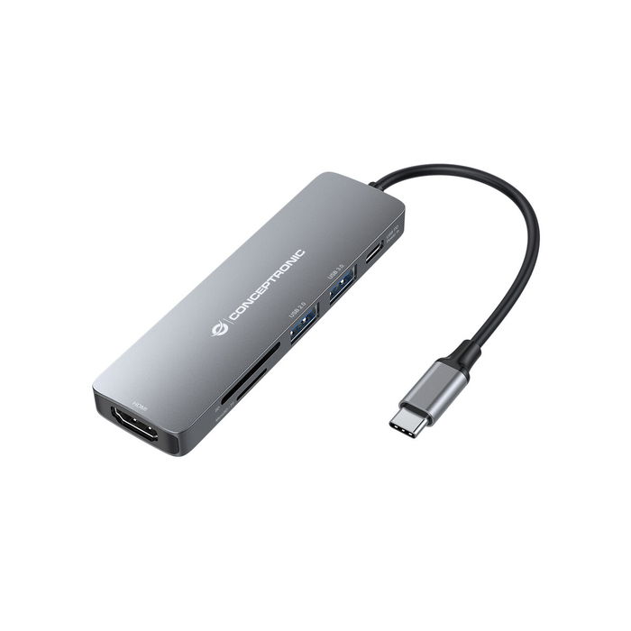 Conceptronic DONN11G Dock USB-C vers HDMI 4K 30Hz, 2x USB-A, Lecteur SD/TF, Alimentation 100W, 5 Gbit/s, Câble 15cm, Gris