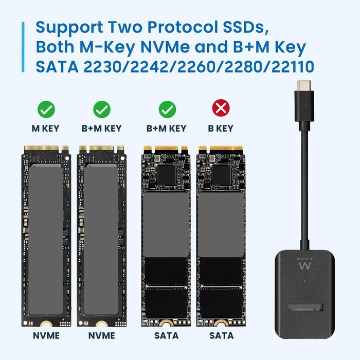 Ewent EW7066 Docking Station SSD M.2 USB 3.2 Gen 2 NVMe/SATA pour disques 2230/2242/2260/2280/22110