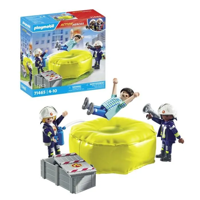 Playmobil 71465 - Figurines Pompiers Action Heroes avec Coussin de Sauvetage - 3 Personnages - Jeu d'Action Enfant dès 4 Ans