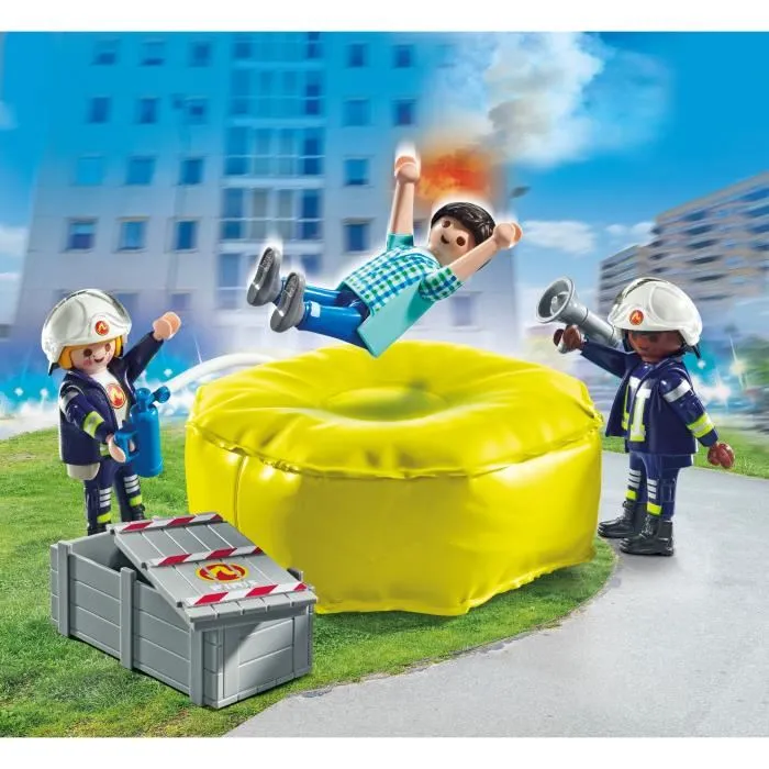 Playmobil 71465 - Figurines Pompiers Action Heroes avec Coussin de Sauvetage - 3 Personnages - Jeu d'Action Enfant dès 4 Ans