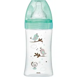 Dodie Biberon Initiation+ Anti-Coliques en Verre 270ml, 3 Vitesses, Tétine Rondes Débit Moyen, Décor Vert Oiseaux, pour Bébé dès la Naissance
