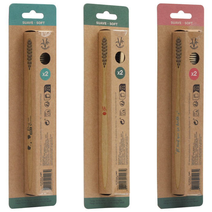 Cosmetic Club Lot de 2 brosses à dents en bambou douces, modèles assortis