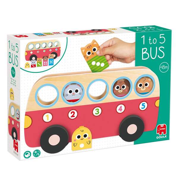 Goula Jeu 1 to 5 Bus - Jeu éducatif en bois avec 5 animaux à placer dans l'autobus - Jouet pour enfants à partir de 18 mois Goula Jeu 1 to 5 Bus - Jeu éducatif en bois avec 5 animaux à placer dans l'autobus - Jouet pour enfants à partir de 18 mois