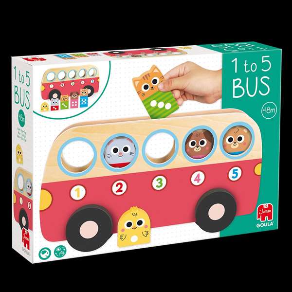 Goula Jeu 1 to 5 Bus - Jeu éducatif en bois avec 5 animaux à placer dans l'autobus - Jouet pour enfants à partir de 18 mois Goula Jeu 1 to 5 Bus - Jeu éducatif en bois avec 5 animaux à placer dans l'autobus - Jouet pour enfants à partir de 18 mois