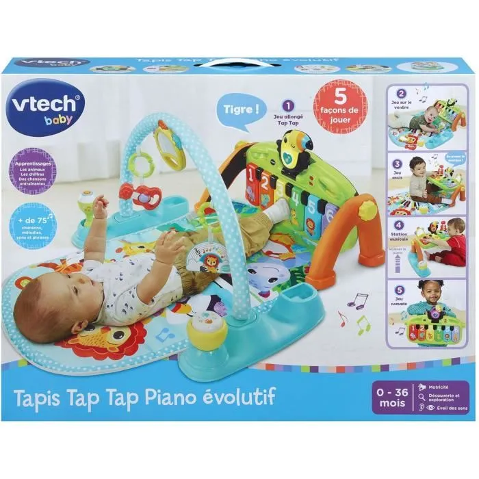 Vtech Baby Tapis d'éveil musical Tap Tap Piano évolutif 5 en 1, jeu sensoriel pour bébé de 0 à 36 mois - Multicolore