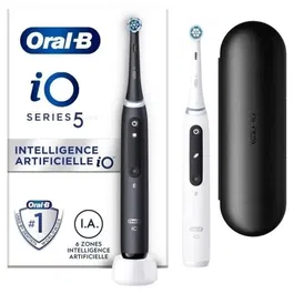 Oral-B iO 5 Lot de 2 Brosses à Dents Électriques Noires et Blanches avec 2 Brossettes - Nettoyage Professionnel