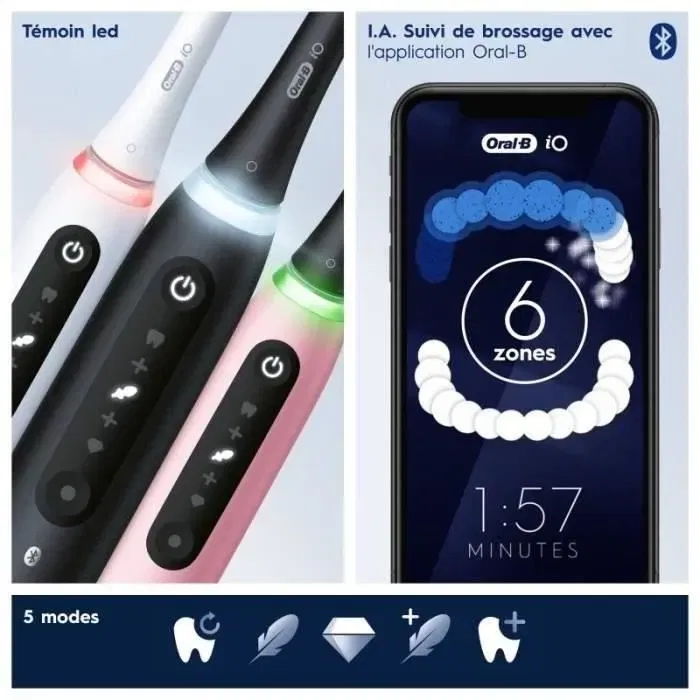 Oral-B iO 5 Lot de 2 Brosses à Dents Électriques Noires et Blanches avec 2 Brossettes - Nettoyage Professionnel