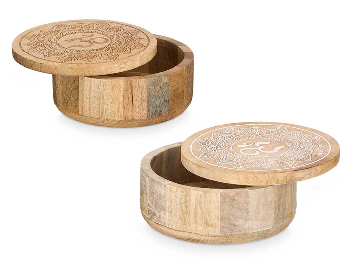 Giftdecor Boîte Ronde avec Couvercle Om Bois Couleurs Variées 18 x 8 cm (Set de 6)