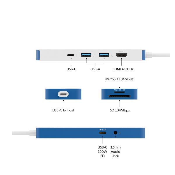Targus HD4102BUGL Hub USB-C 8 en 1 avec HDMI 4K, USB-A, Power Delivery 100W – Lecteur SD, prise audio 3,5 mm, Plug & Play