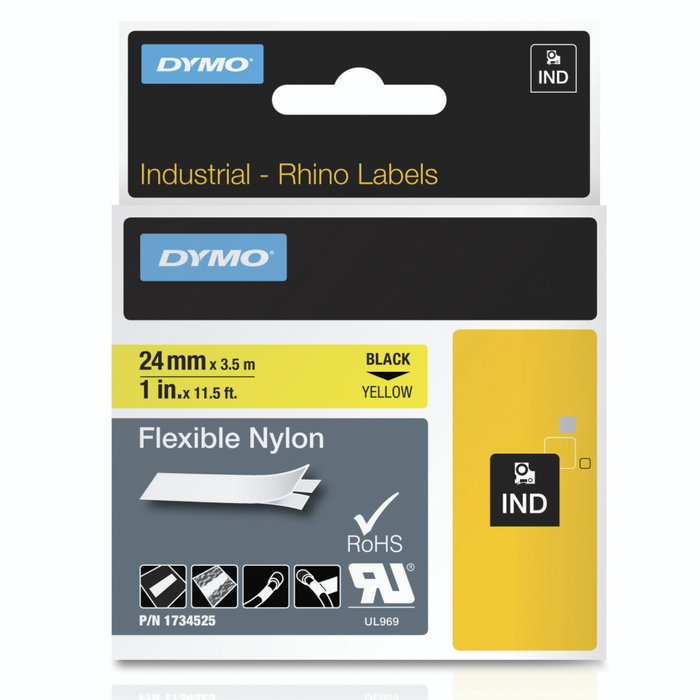 Dymo Ruban d'étiquetage Rhino Flexible Nylon Noir sur Jaune 24mm x 3,5m Dymo Ruban d'étiquetage Rhino Flexible Nylon Noir sur Jaune 24mm x 3,5m