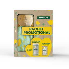 Klorane Coffret Bébé avec Talc Protecteur 75 g, Savon Vegan Apaisant Cheveux & Corps 100 g et Peluche Lapin Collector