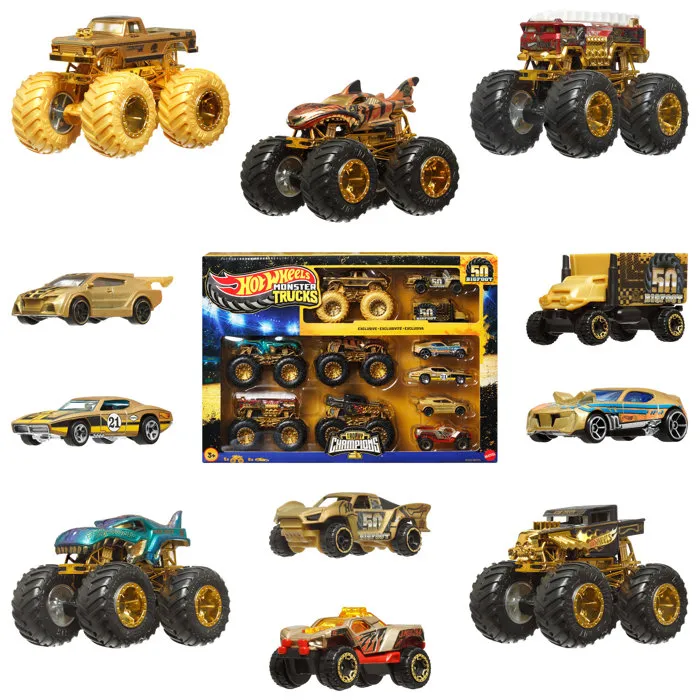 Hot Wheels - Pack de 10 véhicules Trophée des Champions, 5 camions et 6 voitures Monster Truck à collectionner échelle 1/64, jouet pour enfants à partir de 3 ans