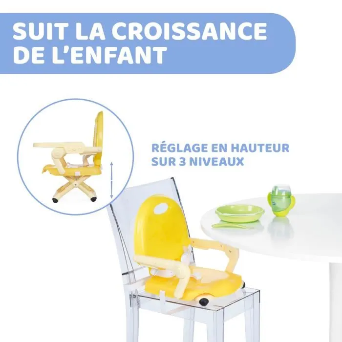 Chicco Rehausseur Pocket Snack Saffron - Siège rehausseur ultra-compact pour bébé de 6 à 36 mois, plateau réglable et amovible, transport facile