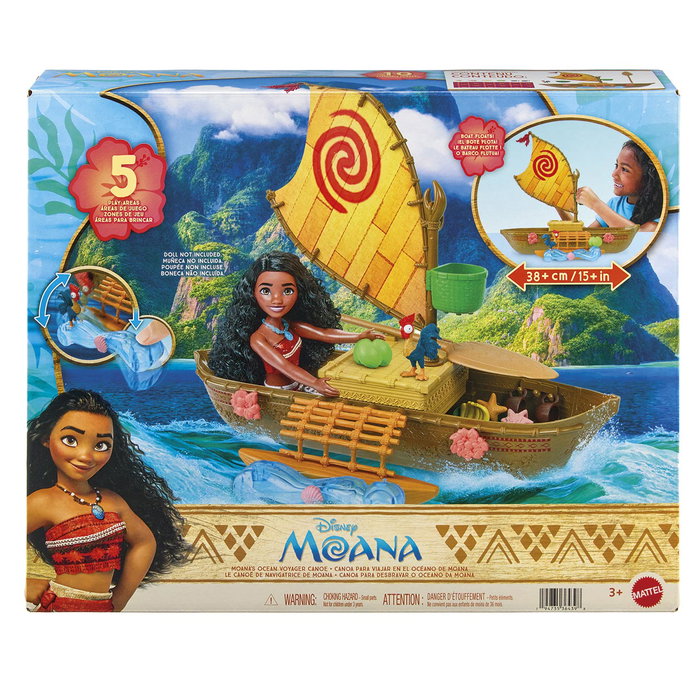 Mattel Disney Princess Vaiana (Moana) Canot flottant avec poupée et accessoires, jouet d'eau et de plage pour enfants, 38 cm