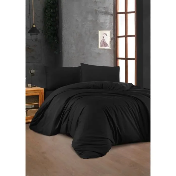 Parure de lit 1 housse de couette 220 x 240 cm + 2 taies d'oreiller 60 x 60 cm - Coton renforcé 100% - Noir Parure de lit 1 housse de couette 220 x 240 cm + 2 taies d'oreiller 60 x 60 cm - Coton renforcé 100% - Noir