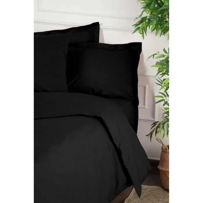 Parure de lit 1 housse de couette 220 x 240 cm + 2 taies d'oreiller 60 x 60 cm - Coton renforcé 100% - Noir Parure de lit 1 housse de couette 220 x 240 cm + 2 taies d'oreiller 60 x 60 cm - Coton renforcé 100% - Noir