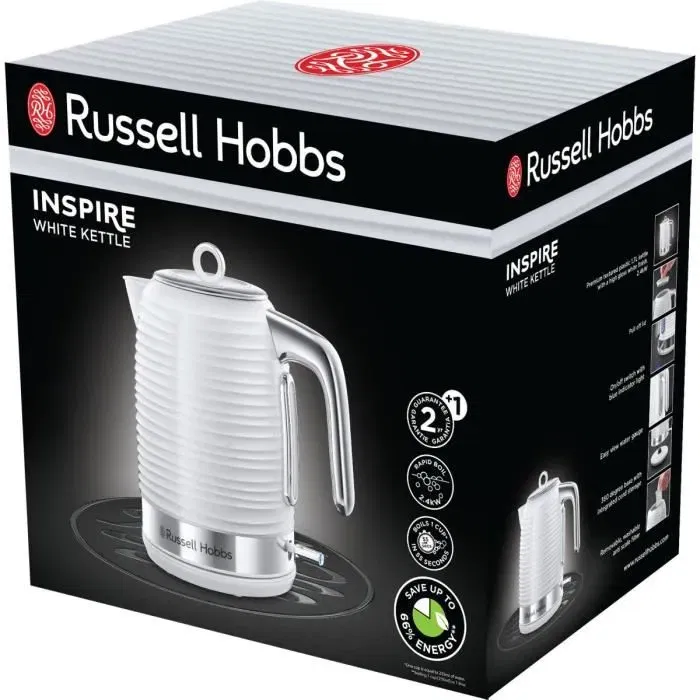 Russell Hobbs Bouilloire électrique Inspire 24360-70, 1.7L, ébullition rapide, filtre anti-calcaire, design blanc brillant