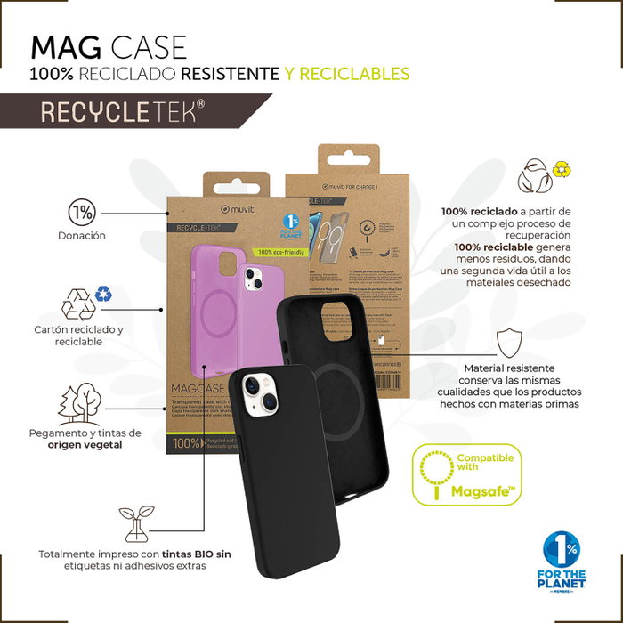 Muvit Recycletek Coque Liquid Silicone MagSafe pour iPhone, protection recyclée 100%, charge sans fil 15W, compatible Qi
