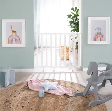 ROBA Barrière de sécurité bébé sans perçage pour porte et escalier, bois blanc ajustable de 62 à 105 cm avec extension, dès la naissance