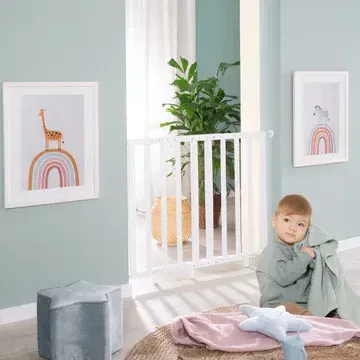 ROBA Barrière de sécurité bébé sans perçage pour porte et escalier, bois blanc ajustable de 62 à 105 cm avec extension, dès la naissance