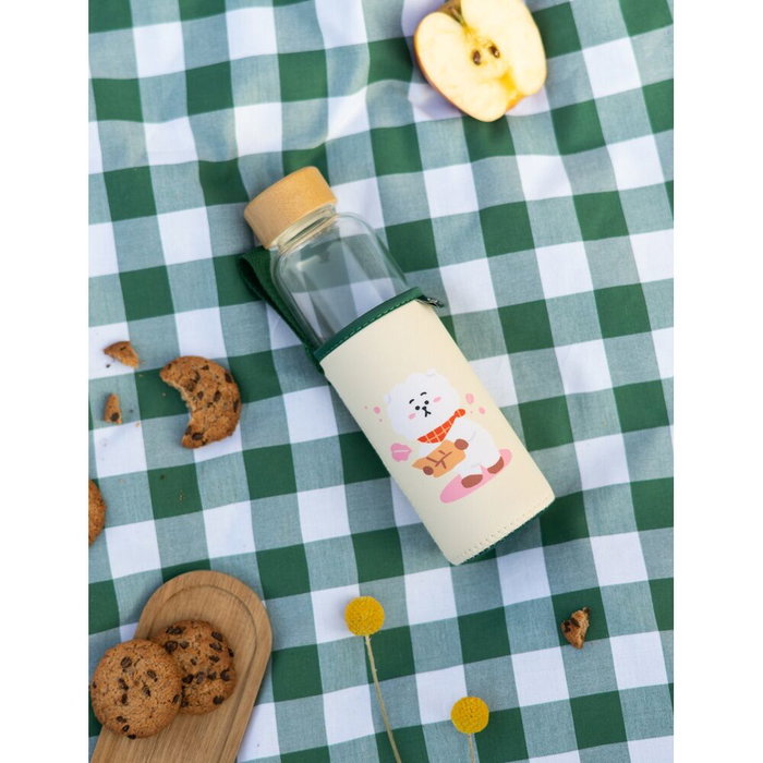 ERIK Bouteille en verre RJ BT21 500 ml avec bouchon en bambou et housse en néoprène illustrée, lavage à la main