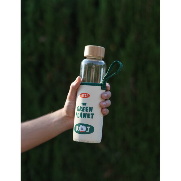 ERIK Bouteille en verre RJ BT21 500 ml avec bouchon en bambou et housse en néoprène illustrée, lavage à la main