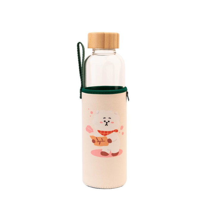 ERIK Bouteille en verre RJ BT21 500 ml avec bouchon en bambou et housse en néoprène illustrée, lavage à la main