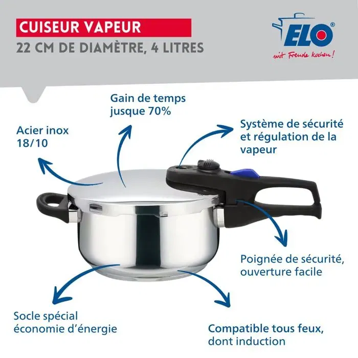 Fackelmann Autocuiseur Vapeur ELO Praktika 4L - Acier Inoxydable 18/10 - 22 cm - Cuisson Douce, Économie d'Énergie 70% - Compatible Induction - Lave-vaisselle