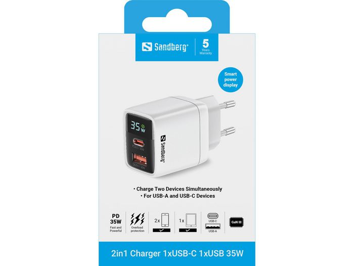 Sandberg - Chargeur Secteur Double Port USB-C/USB 35W (2 en 1) - Affichage de la Puissance - Pour Smartphone et Tablette