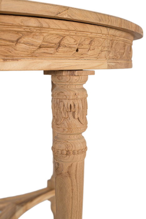 GINER Y COLOMER Table de salle à manger ronde en teck massif, plateau sculpté avec rosette, style rustique et artisanal, 120x120x79 cm