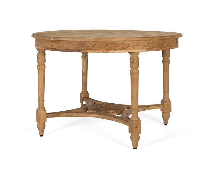 GINER Y COLOMER Table de salle à manger ronde en teck massif, plateau sculpté avec rosette, style rustique et artisanal, 120x120x79 cm GINER Y COLOMER Table de salle à manger ronde en teck massif, plateau sculpté avec rosette, style rustique et artisanal, 120x120x79 cm