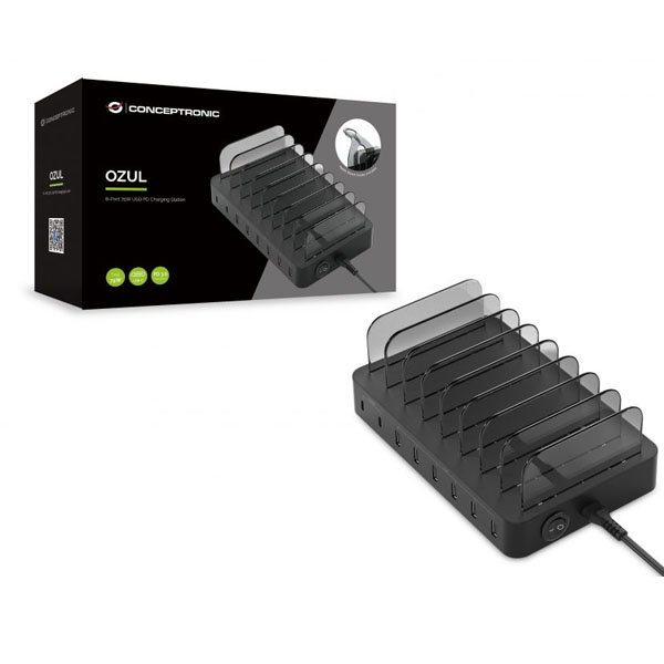 Conceptronic OZUL02B Station de charge USB PD 6 ports avec support Apple Watch, charge rapide 75W Noir