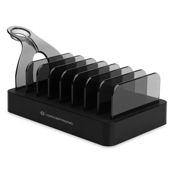 Conceptronic OZUL02B Station de charge USB PD 6 ports avec support Apple Watch, charge rapide 75W Noir