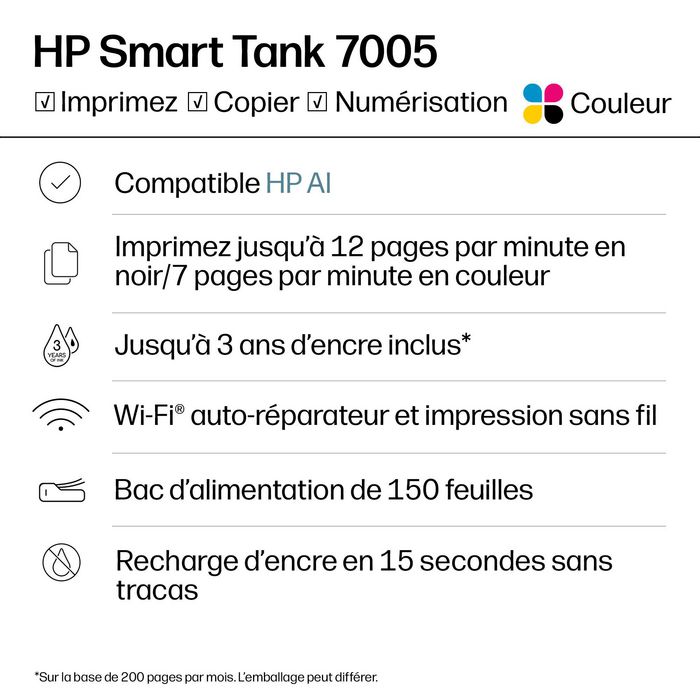 HP Smart Tank 7005 Imprimante tout-en-un couleur avec réservoir d'encre HP Smart Tank 7005 Imprimante tout-en-un couleur avec réservoir d'encre