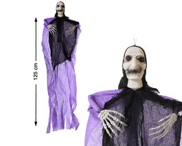 Figura Colgante Squelette avec Grande Cape Violette 125x67 cm, Décor Halloween Effrayante, Figure Suspendue pour Porche, Entrée, Salon