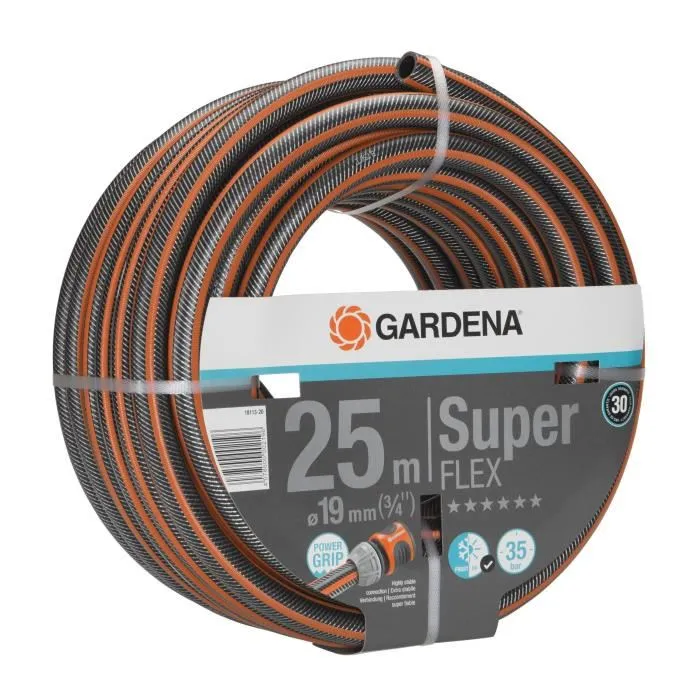 Gardena Tuyau d'arrosage 18113-20 Premium SuperFLEX avec technologie Power Grip - 25 m, Ø 19 mm - Anti-noeud, résistant au gel et aux UV - Garantie 30 ans