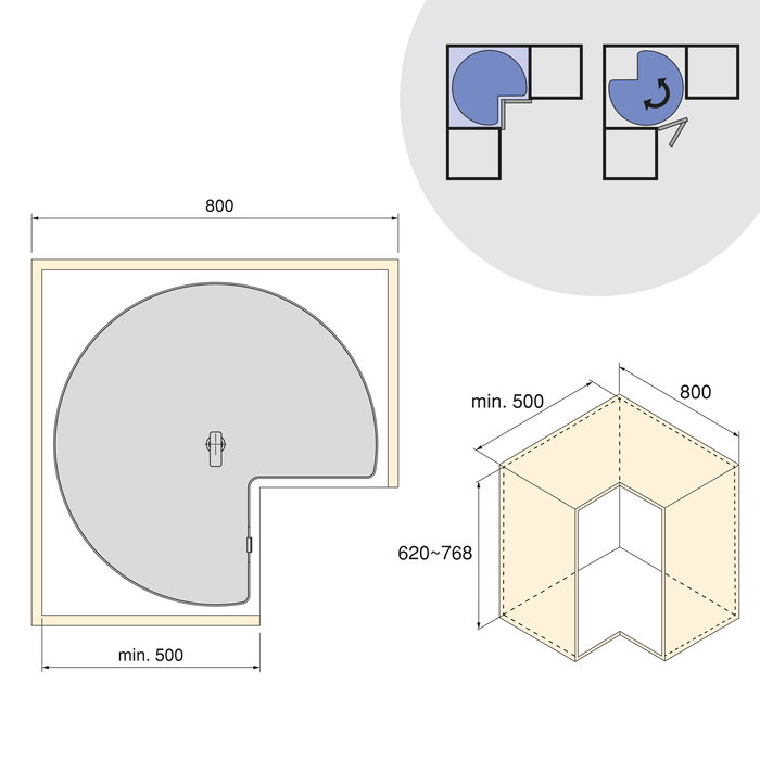 Emuca Jeux de plateaux tournants Harmony 3/4, Module largeur 800mm, Hauteur réglable, Acier et Bois, Gris anthracite