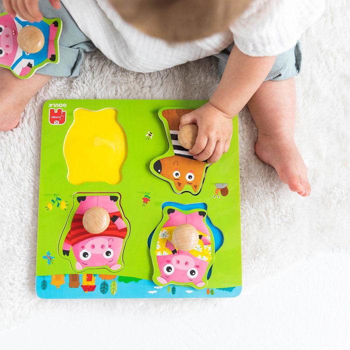 Goula Puzzle en bois Les 3 petits cochons - 4 pièces pivotantes grande taille 22 x 22 cm - Illustration Susana Hoslet - Jouet d'éveil pour enfant dès 12 mois
