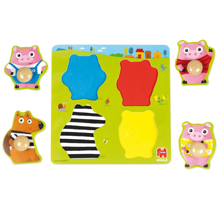Goula Puzzle en bois Les 3 petits cochons - 4 pièces pivotantes grande taille 22 x 22 cm - Illustration Susana Hoslet - Jouet d'éveil pour enfant dès 12 mois
