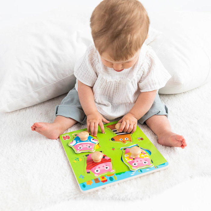 Goula Puzzle en bois Les 3 petits cochons - 4 pièces pivotantes grande taille 22 x 22 cm - Illustration Susana Hoslet - Jouet d'éveil pour enfant dès 12 mois