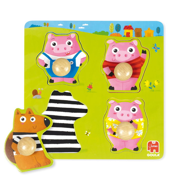 Goula Puzzle en bois Les 3 petits cochons - 4 pièces pivotantes grande taille 22 x 22 cm - Illustration Susana Hoslet - Jouet d'éveil pour enfant dès 12 mois